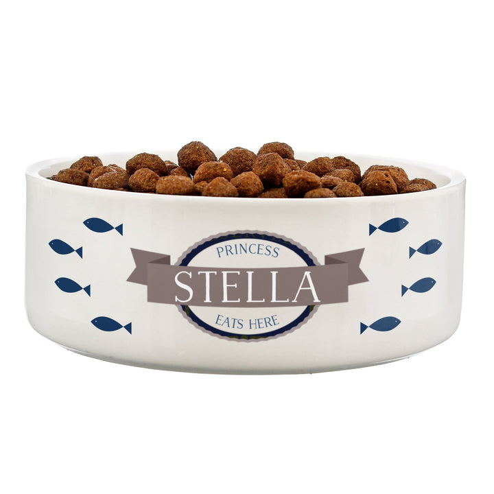 Personalised Memento Pet Gifts Personalised Blue Fish 14cm Medium White Pet Bowl