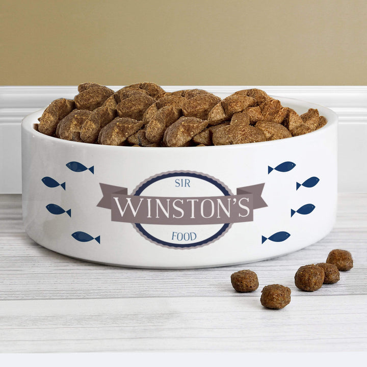 Personalised Memento Pet Gifts Personalised Blue Fish 14cm Medium White Pet Bowl
