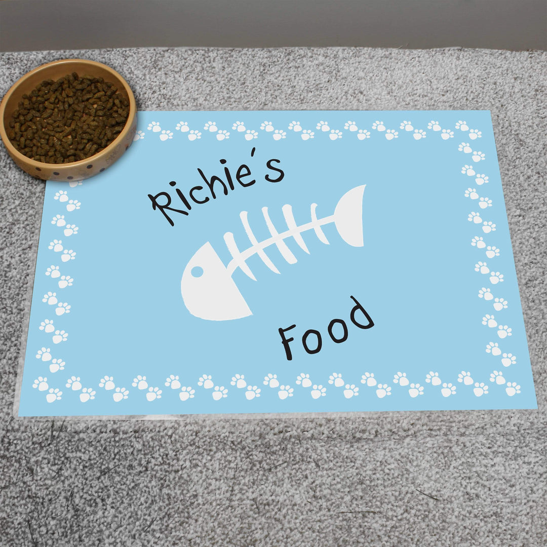 Personalised Memento Mealtime Essentials Personalised Blue Fish Bone Cat Placemat