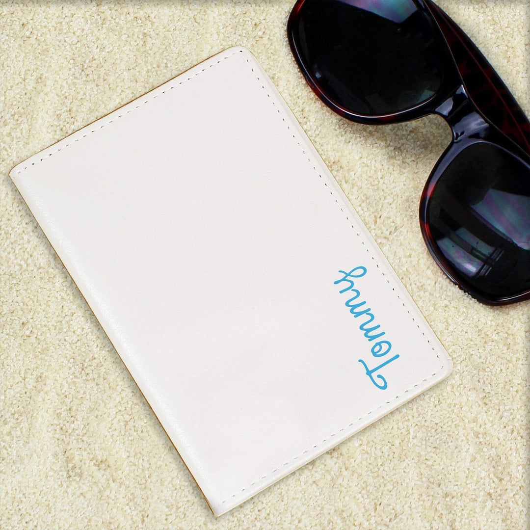 Personalised Memento Leather Personalised Blue Name Island Cream Passport Holder