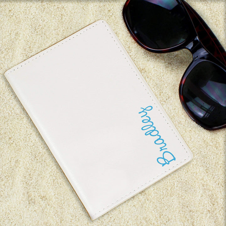Personalised Memento Leather Personalised Blue Name Island Cream Passport Holder