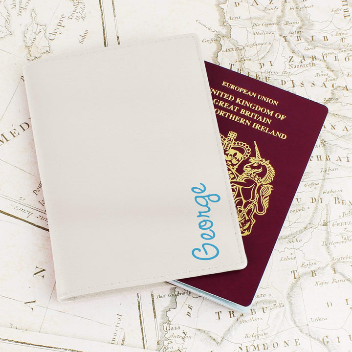 Personalised Memento Leather Personalised Blue Name Island Cream Passport Holder
