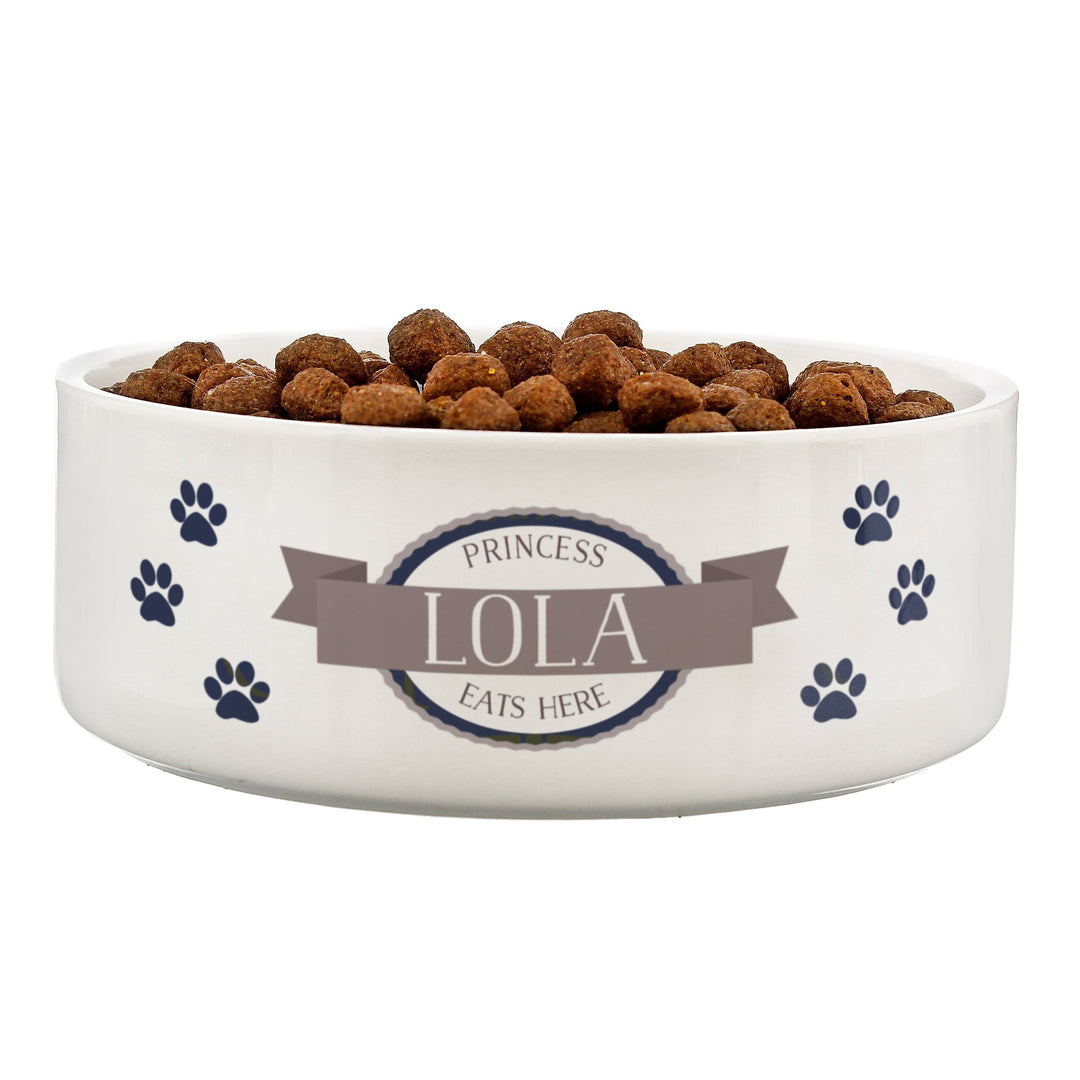 Personalised Memento Pet Gifts Personalised Blue Paws 14cm Medium White Pet Bowl