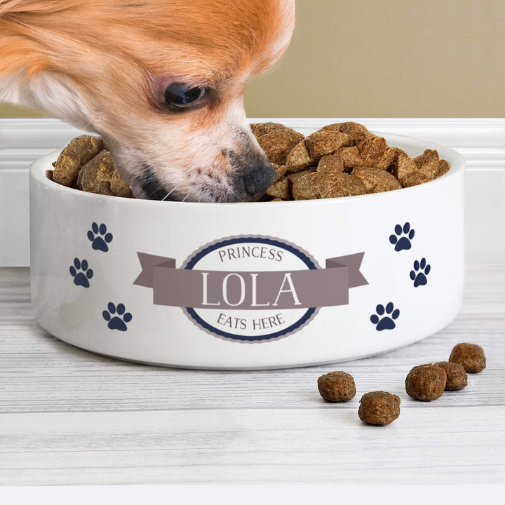 Personalised Memento Pet Gifts Personalised Blue Paws 14cm Medium White Pet Bowl
