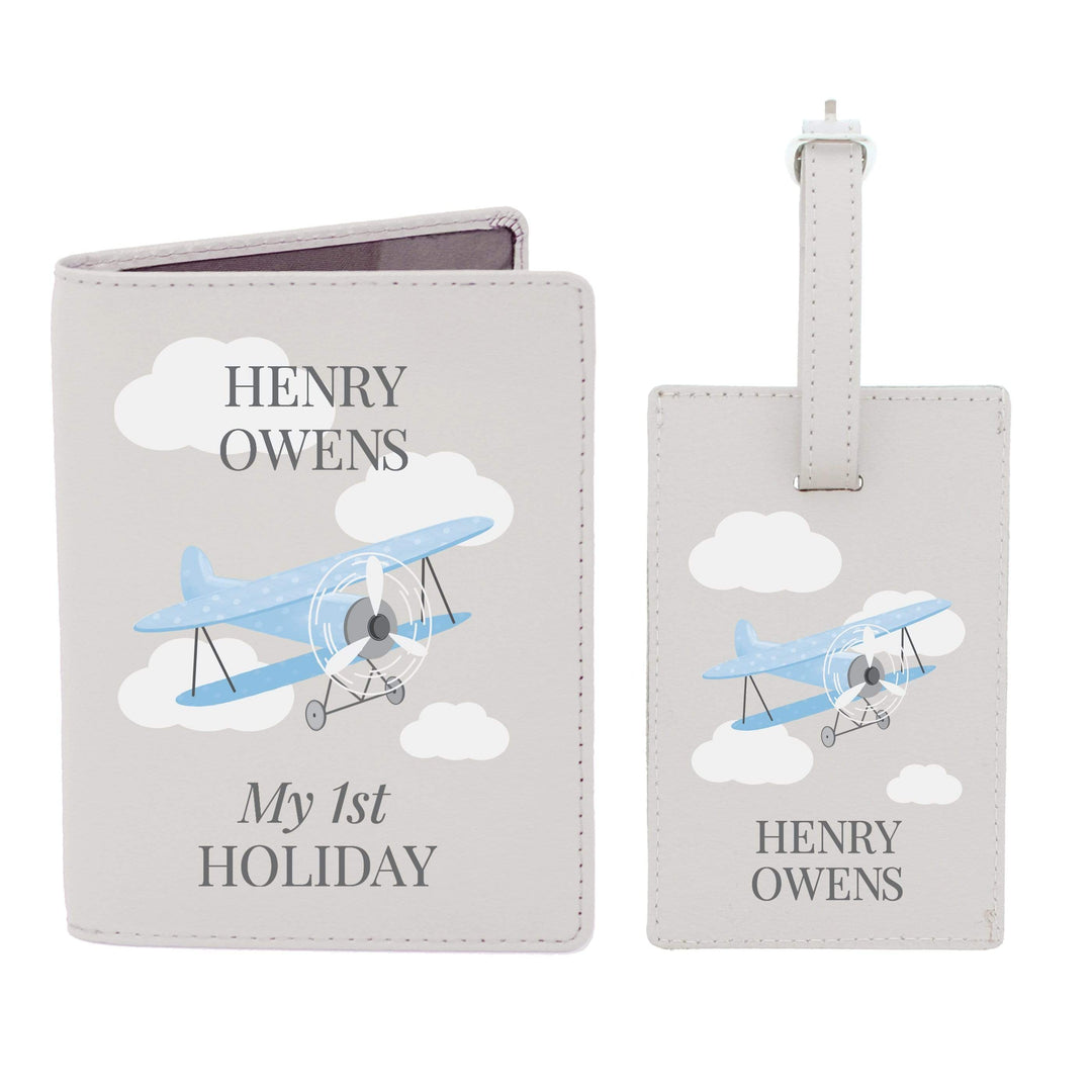 Personalised Memento Leather Personalised Blue Plane Passport Holder &amp; Luggage Tag Set