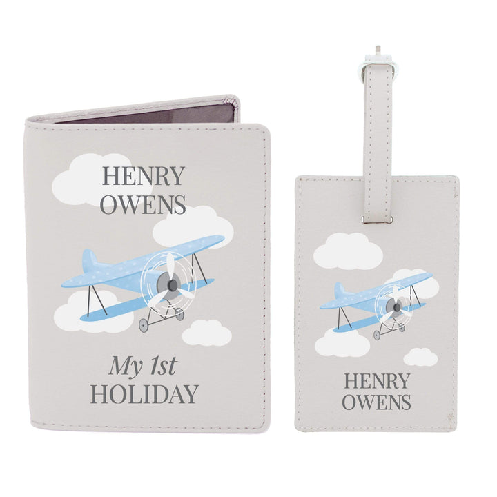 Personalised Memento Leather Personalised Blue Plane Passport Holder &amp; Luggage Tag Set