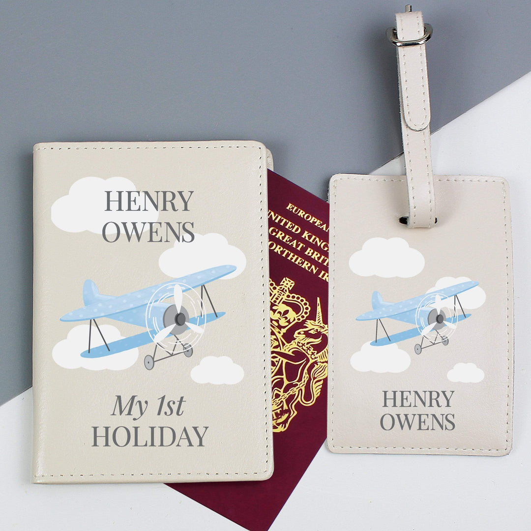 Personalised Memento Leather Personalised Blue Plane Passport Holder &amp; Luggage Tag Set
