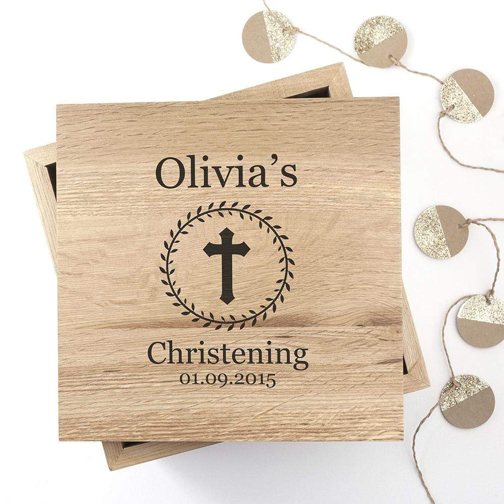 Treat Personalised Christening Cross Oak Photo Keepsake Box