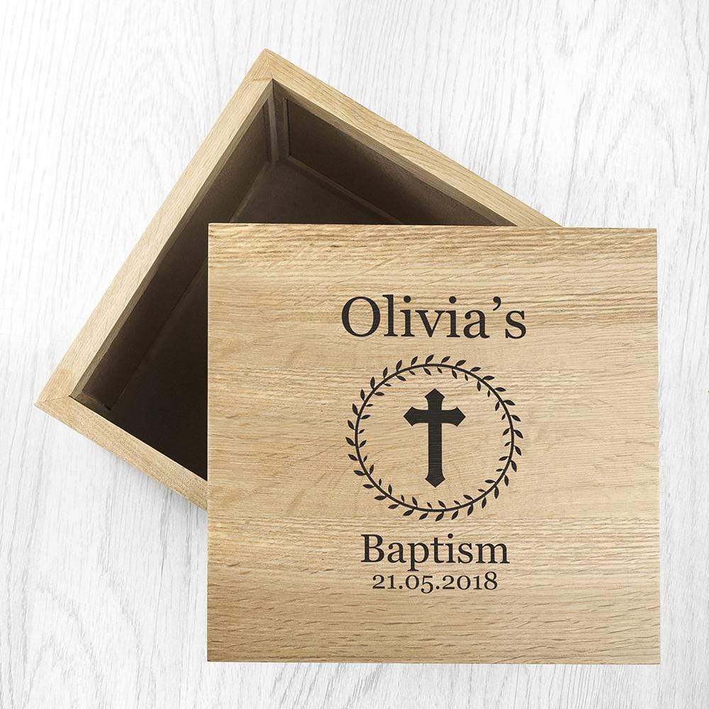 Treat Personalised Christening Cross Oak Photo Keepsake Box