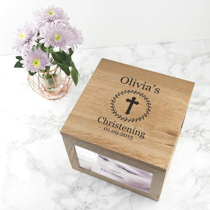 Treat Personalised Christening Cross Oak Photo Keepsake Box