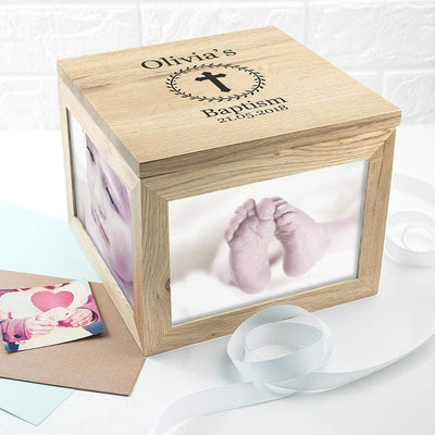 Treat Personalised Christening Cross Oak Photo Keepsake Box