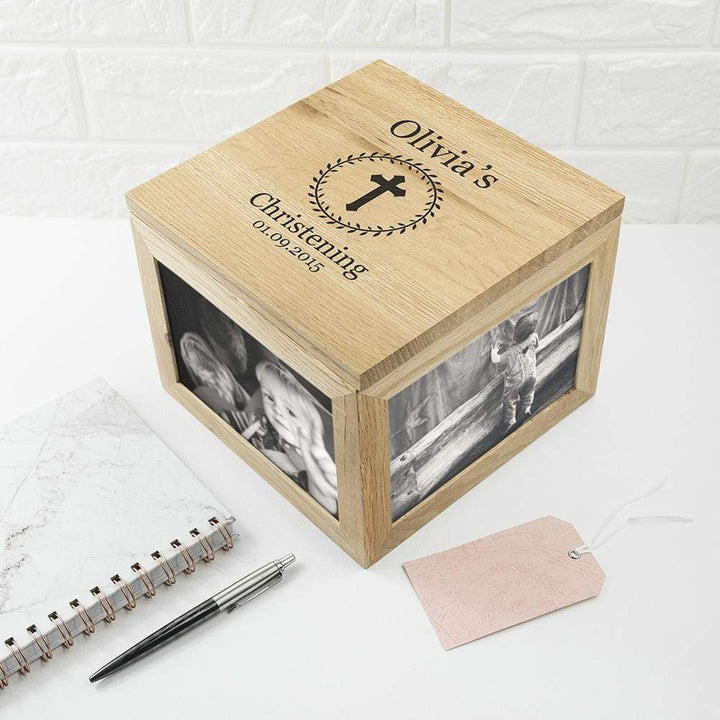 Treat Personalised Christening Cross Oak Photo Keepsake Box