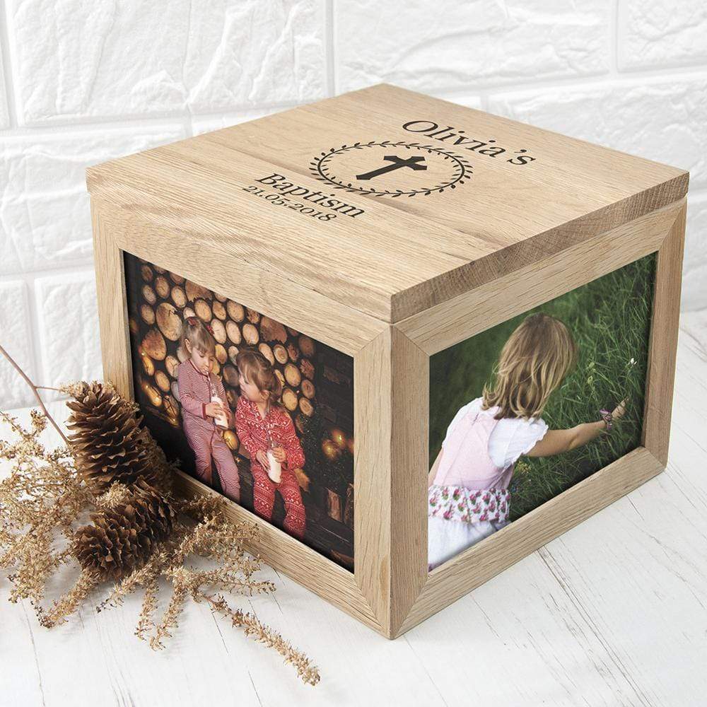 Treat Personalised Christening Cross Oak Photo Keepsake Box