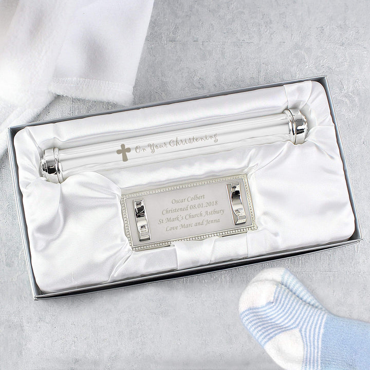Personalised Memento Keepsakes Personalised Christening Cross Silver Plated Certificate Holder