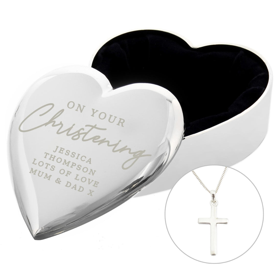 Personalised Memento Personalised Christening Heart Trinket Box &amp; Cross Necklace Set