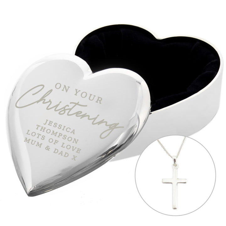 Personalised Memento Personalised Christening Heart Trinket Box &amp; Cross Necklace Set