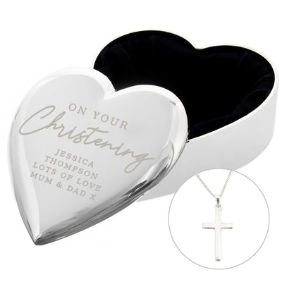 Personalised Memento Personalised Christening Heart Trinket Box & Cross Necklace Set