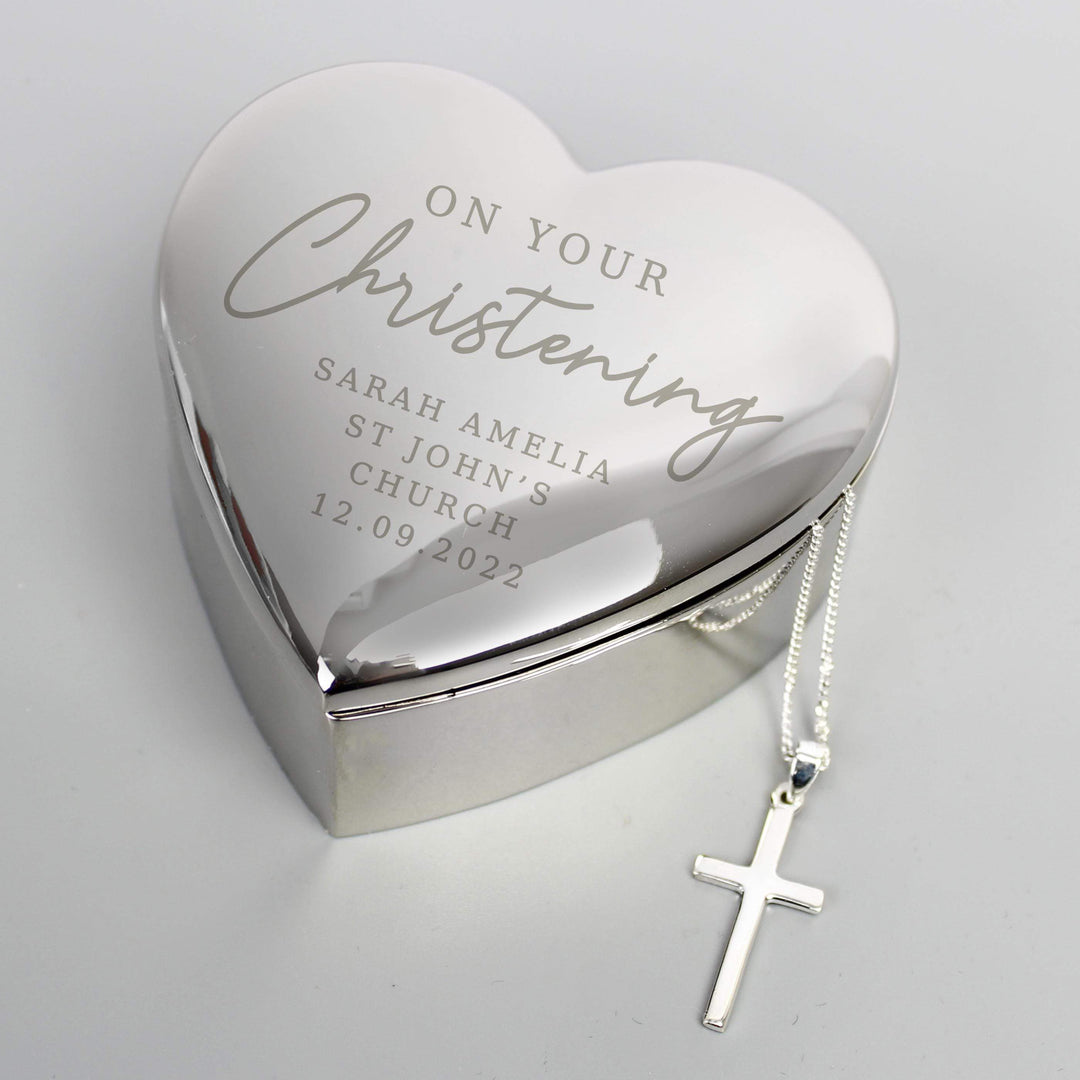 Personalised Memento Personalised Christening Heart Trinket Box &amp; Cross Necklace Set