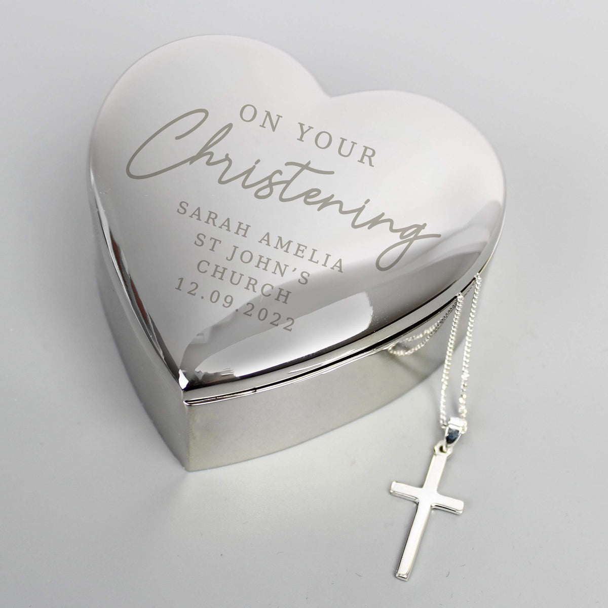 Personalised Memento Personalised Christening Heart Trinket Box & Cross Necklace Set