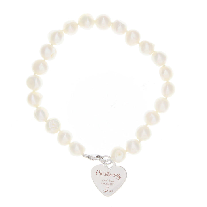 Personalised Memento Jewellery Personalised Christening Swirls &amp; Hearts White Freshwater Pearl Bracelet