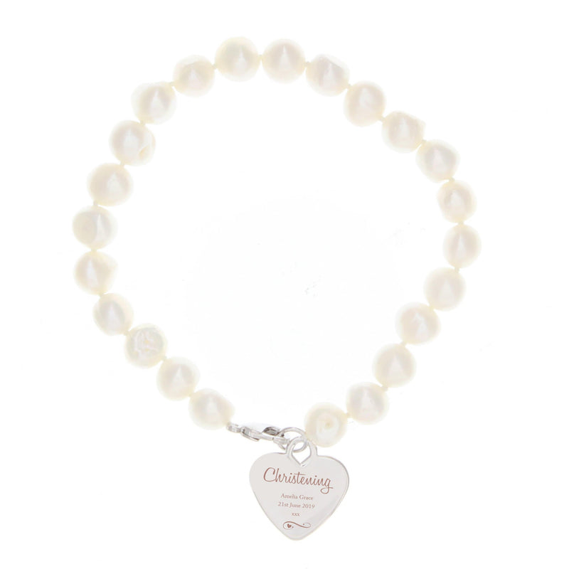 Personalised Memento Jewellery Personalised Christening Swirls & Hearts White Freshwater Pearl Bracelet