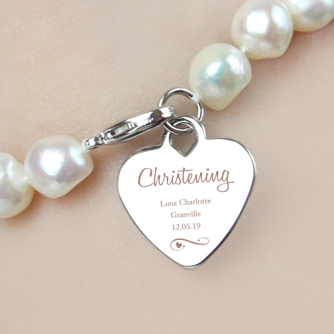 Personalised Memento Jewellery Personalised Christening Swirls &amp; Hearts White Freshwater Pearl Bracelet