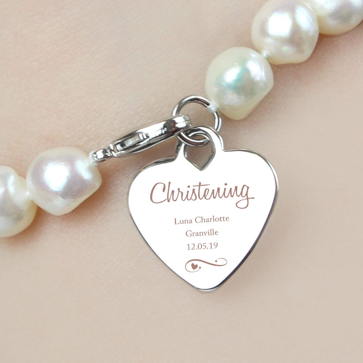 Personalised Memento Jewellery Personalised Christening Swirls &amp; Hearts White Freshwater Pearl Bracelet