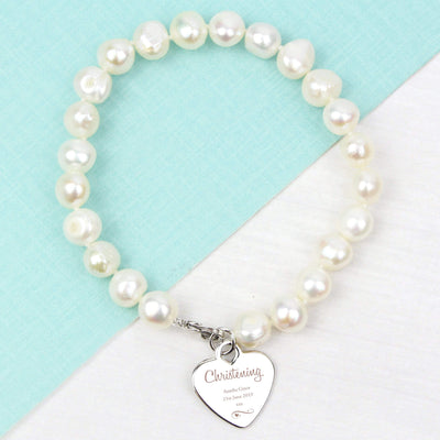 Personalised Memento Jewellery Personalised Christening Swirls & Hearts White Freshwater Pearl Bracelet