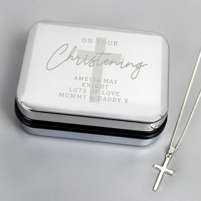 Personalised Memento Personalised Christening Trinket Box & Cross Necklace Set