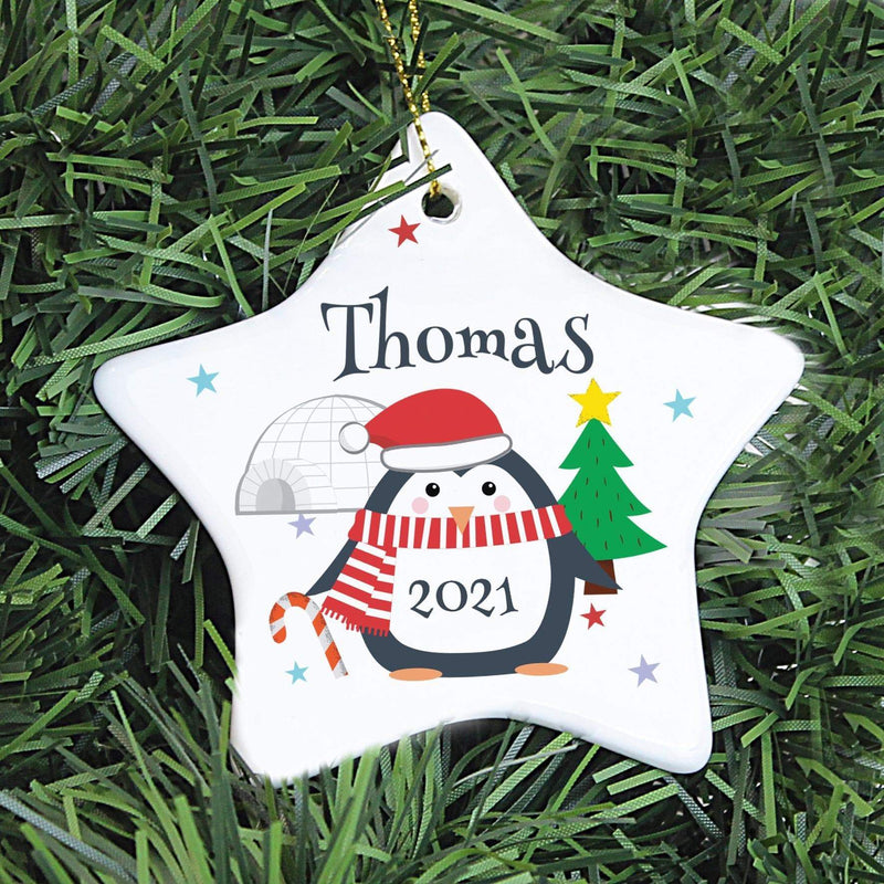 Personalised Memento Personalised Christmas Penguin Ceramic Star Decoration