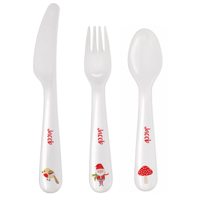 Personalised Memento Mealtime Essentials Personalised Christmas Toadstool Santa 3 Piece Plastic Cutlery Set