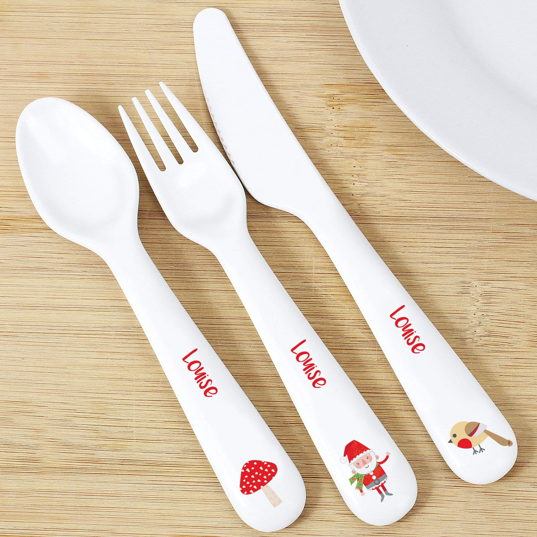 Personalised Memento Mealtime Essentials Personalised Christmas Toadstool Santa 3 Piece Plastic Cutlery Set