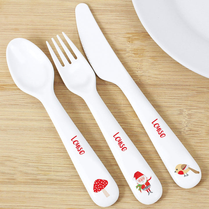 Personalised Memento Mealtime Essentials Personalised Christmas Toadstool Santa 3 Piece Plastic Cutlery Set