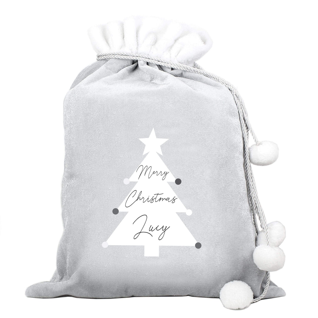 Personalised Memento Christmas Decorations Personalised Christmas Tree Luxury Silver Grey Pom Pom Sack