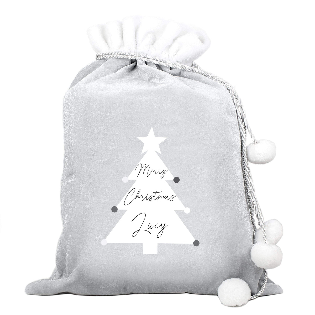 Personalised Memento Christmas Decorations Personalised Christmas Tree Luxury Silver Grey Pom Pom Sack