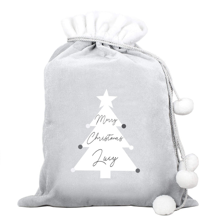 Personalised Memento Christmas Decorations Personalised Christmas Tree Luxury Silver Grey Pom Pom Sack