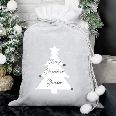 Personalised Memento Christmas Decorations Personalised Christmas Tree Luxury Silver Grey Pom Pom Sack