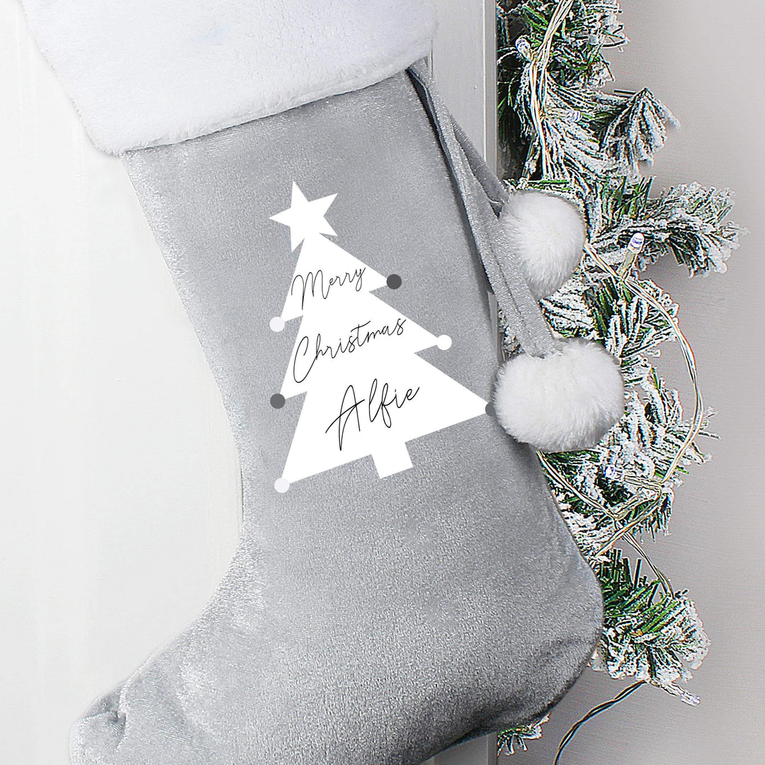 Personalised Memento Personalised Christmas Tree Luxury Silver Grey Stocking