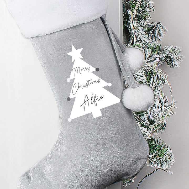 Personalised Memento Personalised Christmas Tree Luxury Silver Grey Stocking