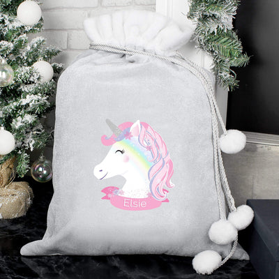 Personalised Memento Christmas Decorations Personalised Christmas Unicorn Luxury Silver Grey Pom Pom Sack