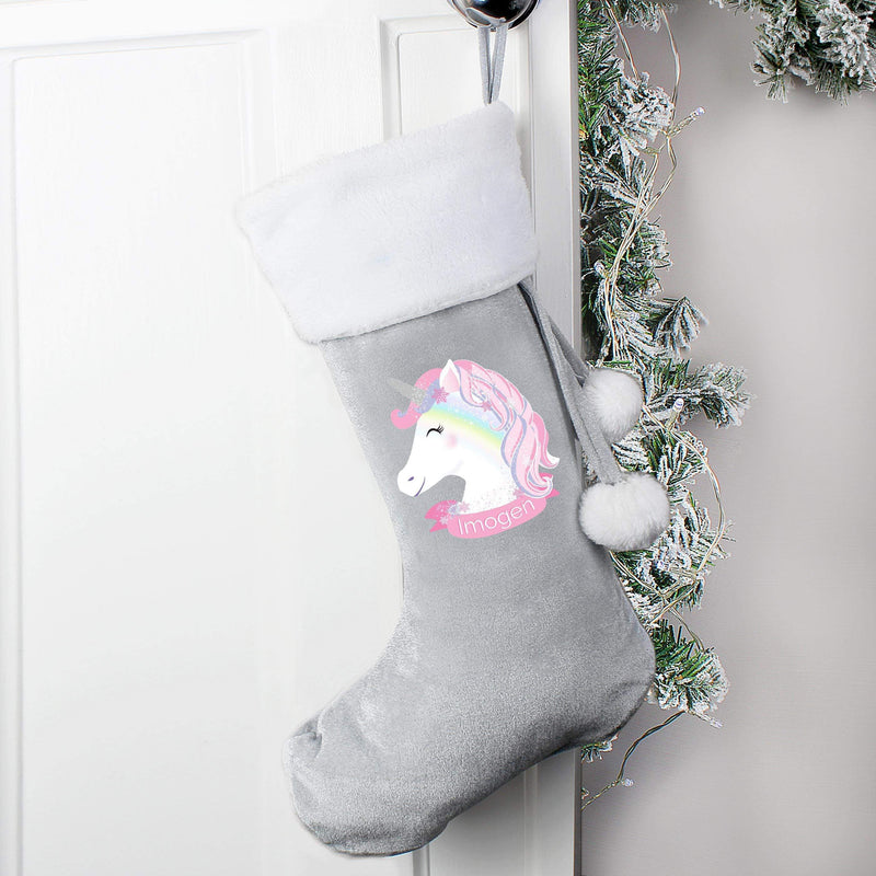 Personalised Memento Personalised Christmas Unicorn Luxury Silver Grey Stocking