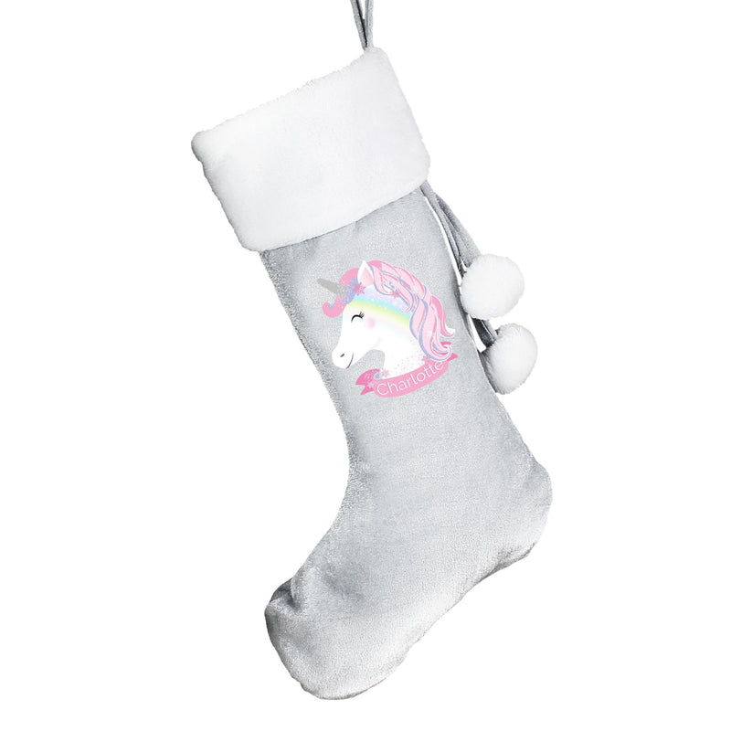 Personalised Memento Personalised Christmas Unicorn Luxury Silver Grey Stocking