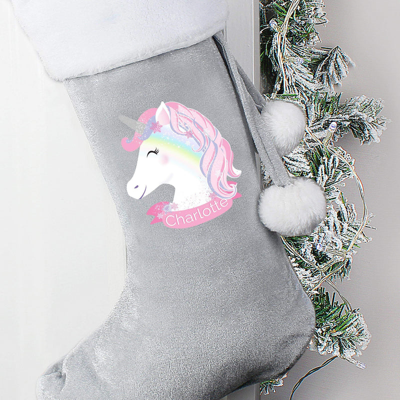 Personalised Memento Personalised Christmas Unicorn Luxury Silver Grey Stocking