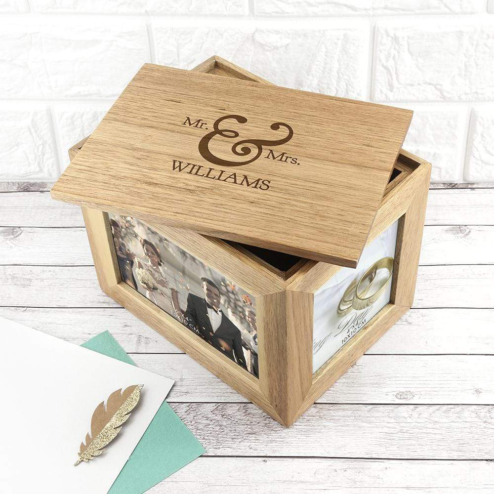 Treat Personalised Classic Mr &amp; Mrs Oak Photo Cube Keepsake Box