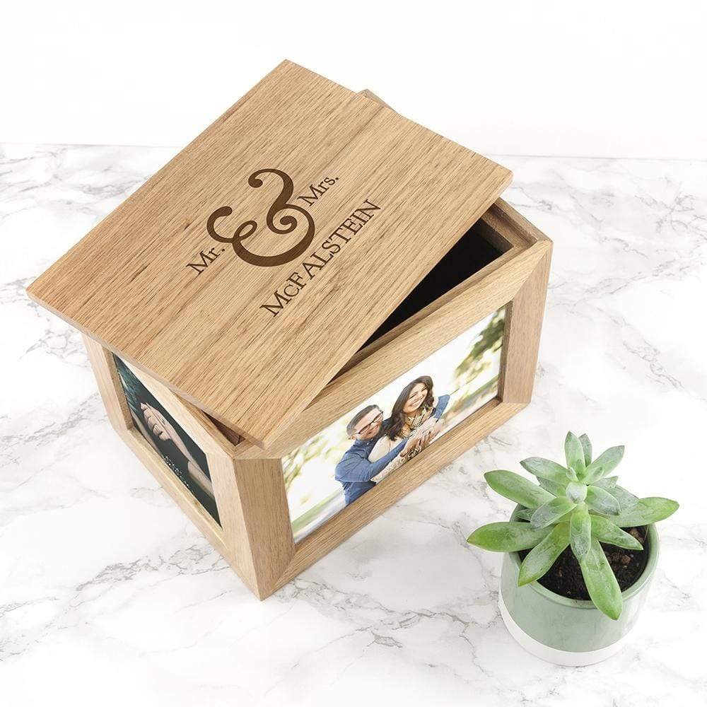 Treat Personalised Classic Mr &amp; Mrs Oak Photo Cube Keepsake Box
