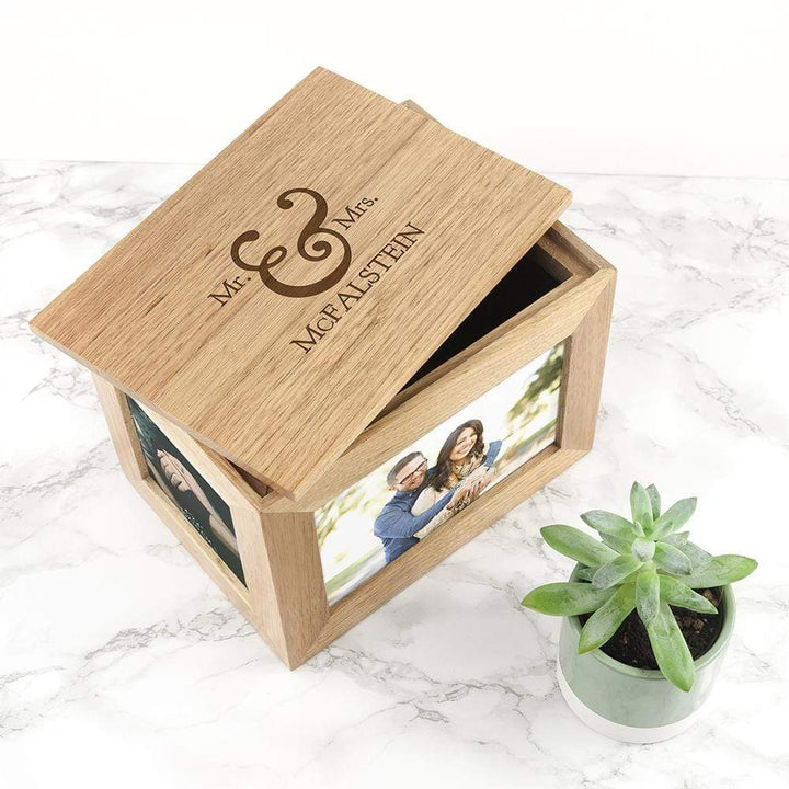 Treat Personalised Classic Mr &amp; Mrs Oak Photo Cube Keepsake Box