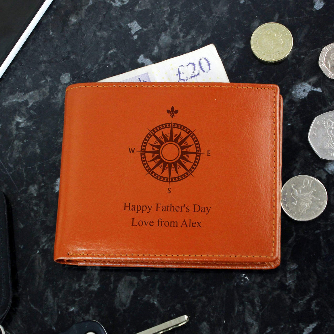 Personalised Memento Leather Personalised Compass Tan Leather Wallet