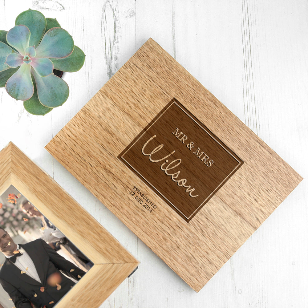 Personalised Contemporary Mr &amp; Mrs Midi Oak Photo Cube Keepsake Box