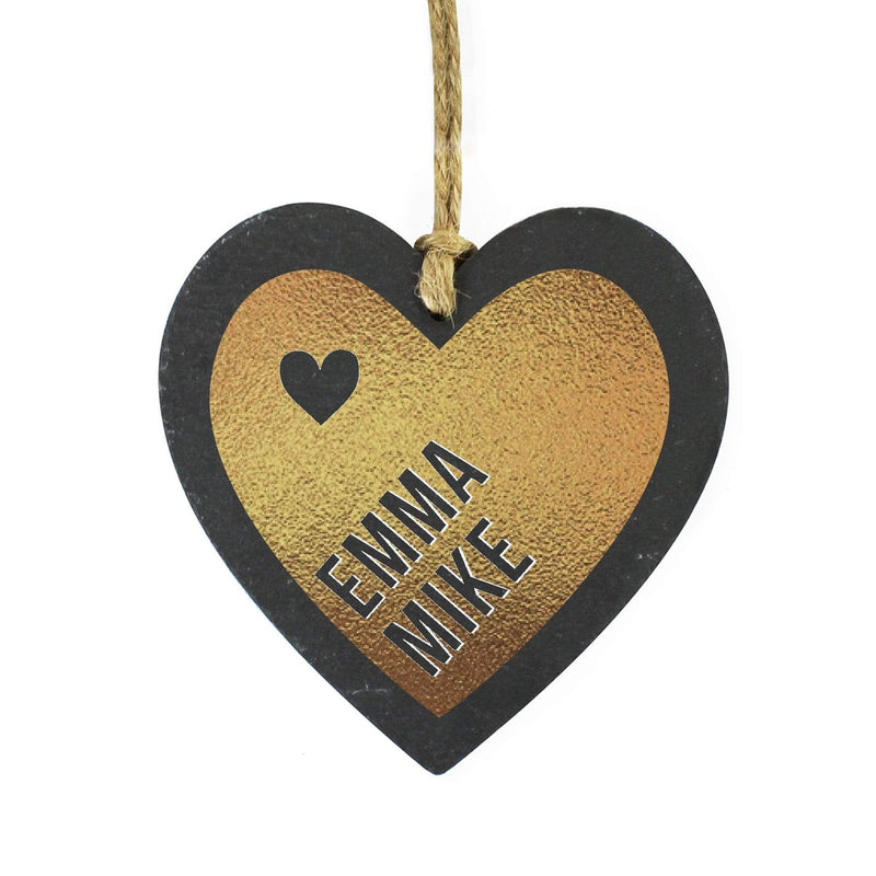 Personalised Memento Slate Personalised Couples Gold Printed Slate Heart Decoration