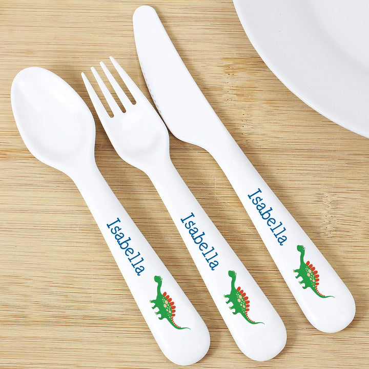 Personalised Memento Mealtime Essentials Personalised Dinosaur 3 Piece Plastic Cutlery Set